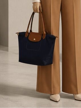 Longchamp Le Pliage Black Tote with Brown Leather Trim